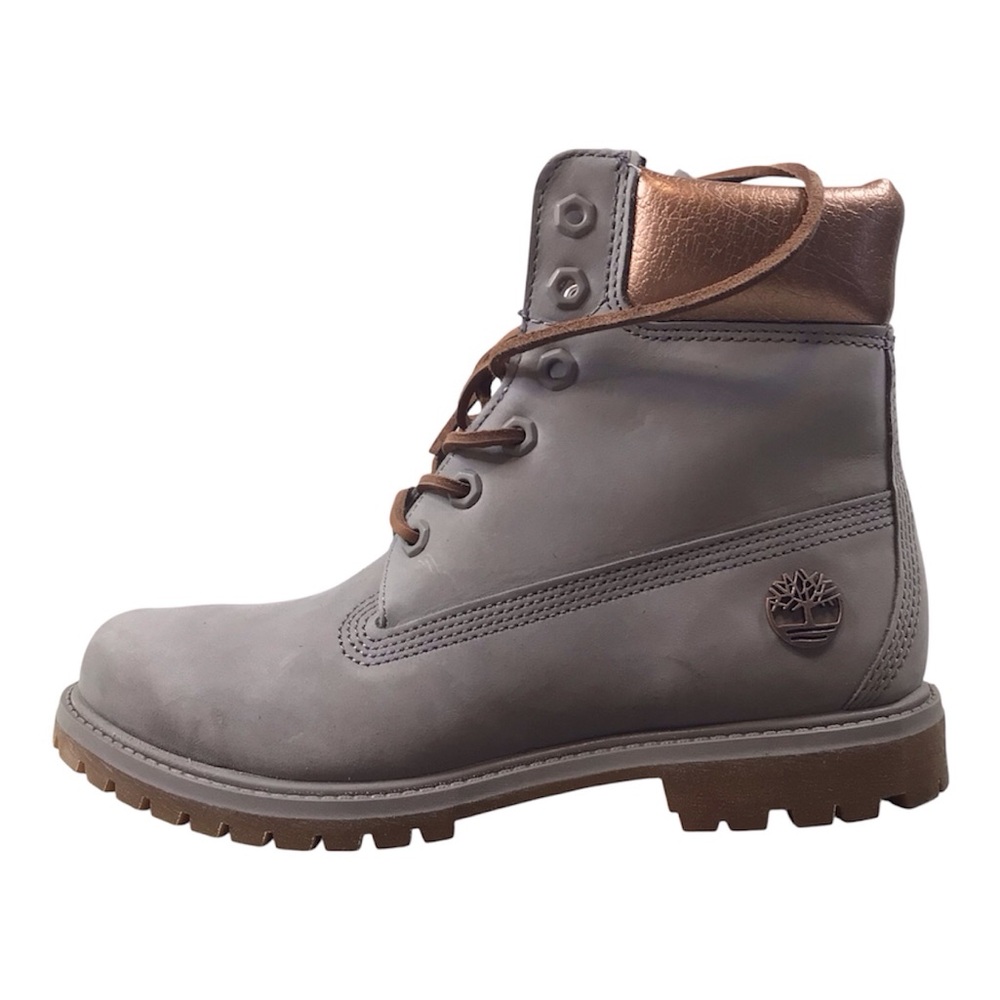 Timberland Grey Leather Lace-Up Boot with Bronze Collar Accent
